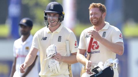 Dan Lawrence and Jonny Bairstow of England celebrate England's win against Sri Lanka