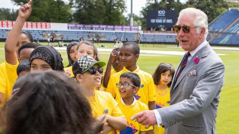 Prince Charles talks to children at Glamorgan Cricket Club