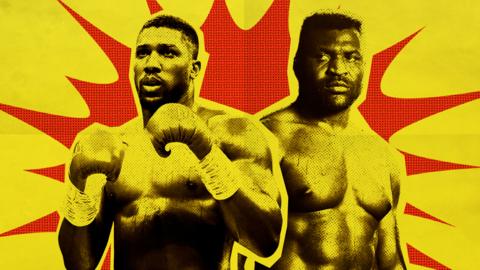 Grpahic of Anthony Joshua and Francis Ngannou on a yellow and red explosion pattern