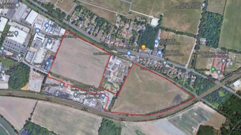 Land off the A14 eastbound where plans have been lodged by Orwell Truck Stop Ltd for a new logistics park
