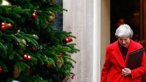 Theresa May walks past the Christmas tree outside 10 Downing Street