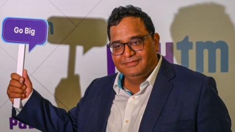 Paytm, an Indian cellphone-based digital payment platform, founder Vijay Shekhar Sharma poses during his company's IPO listing ceremony at the Bombay Stock Exchange.