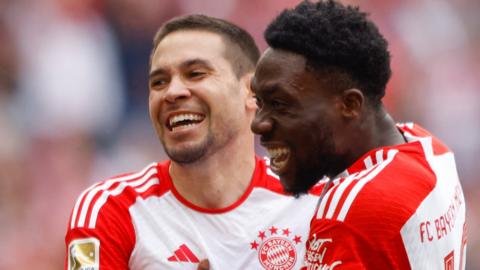 Raphael Guerreiro celebrates scoring for Bayern Munich