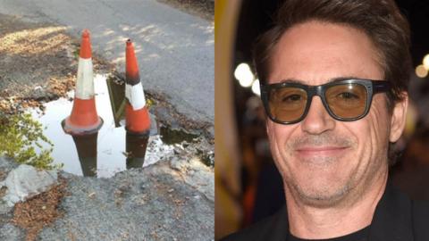 photo of Robert Downey Jr and a photo of the pot hole