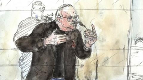 A court sketch shows Ilyich Ramirez Sanchez, known as Carlos the Jackal, gesturing during his trial in France (13 March 2017)