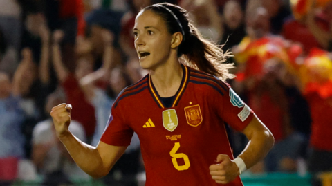 Aitana Bonmati celebrates scoring for Spain against Switzerland