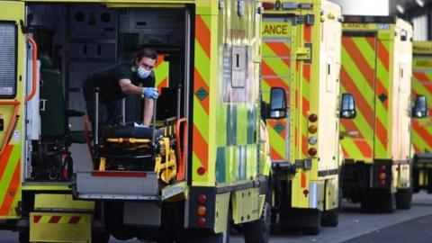 Row of ambulances outside the Royal London Hospital, January 2021
