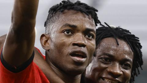 Angola forward Gelson Dala celebrates scoring his team's second goal during the Africa Cup of Nations Afcon 2023 group D football match between Mauritania and Angola at Stade de la Paix in Bouake