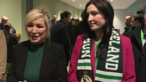 Michelle O'Neill and Emma Little-Pengelly attended the game in the company of Sports minister Gordon Lyons