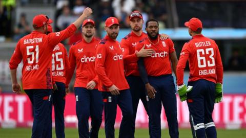 England celebrate a wicket