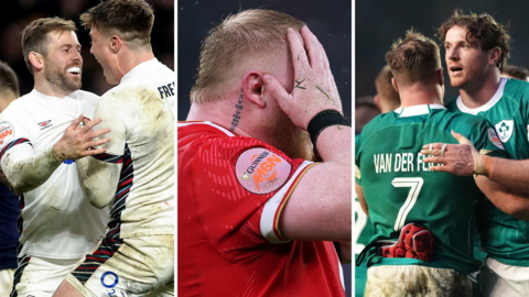 Split image: Wales player dejected, Ireland and England players celebrate