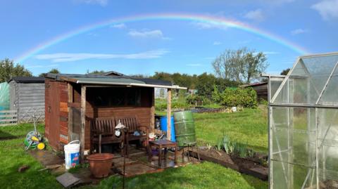 A rainbow spans across the Southampton sky and behind an allotment featuring a greenhouse and a shed