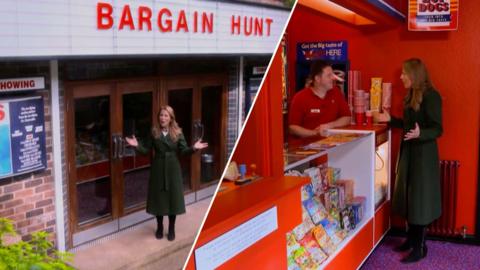Split image of presenter Christina Trevanion standing outside a cinema, with 'Bargain Hunt' written over the doors, and another image of Christina Trevanion talking to the man who built the cinema, as he stand behind a kiosk selling popcorn