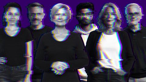 Almost full-length images of six people, which have been created using AI. All have neutral expressions and appear with a "distorted" digital effect. From left to right are: Lauren, a woman with her hair in a ponytail, wearing a t-shirt and jeans, with one hand on her hip Paul, a man with short hair and some facial hair, wearing a jumper and jeans, with his arms crossed Claire, a woman with medium-length light hair, wearing a long-sleeve t-shirt and dark trousers, with her hands clasped in front of her Rohan, a man with dark hair and a short beard and moustache, wearing a light hoodie and jeans, with one hand in his pocket Sian, a woman with shoulder-length light hair, wearing a white t-shirt and dark overshirt/cardigan and jeans, with one hand in her front pocket David, an older man with glasses and short white hair, wearing a polo shirt and light trousers