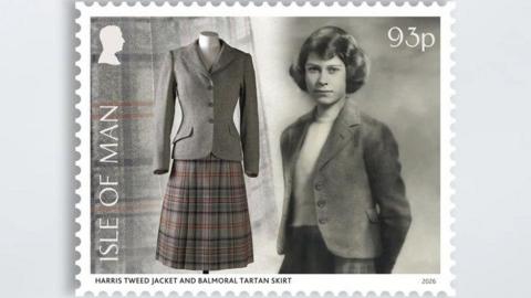 A stamp featuring a Harris Tweed Jacket and Balmoral Tartan Skirt alongside a black and white image on Her Majesty wearing them
