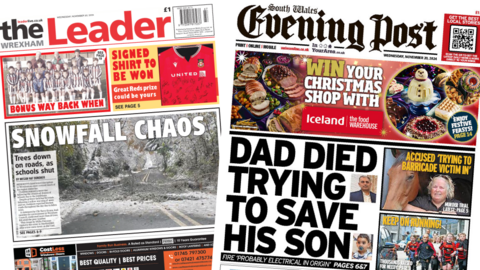 Front pages of the Wrexham Leader and the South Wales Evening Post