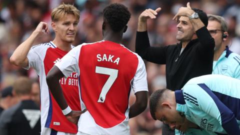 Mikel Arteta, Martin Odegaard and Bukayo Saka