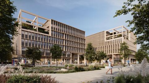 Artist's impression of two buildings with trees in front and people walking around