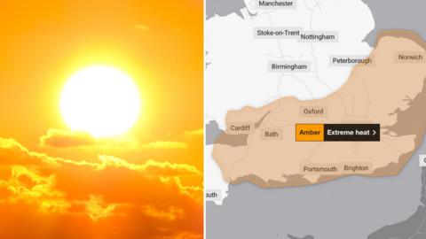 A composite image showing two pictures. On the left, is a picture of a golden yellow sun in the sky above clouds. On the right, is a map showing an amber warning covering most of the UK and parts of south Wales.  