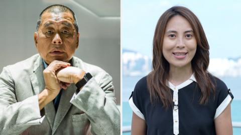 Split screen of Jimmy Lai and BBC correspondent Pheobe Kong