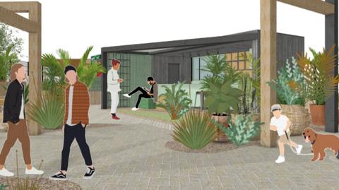 Artist's impression of the TriYard development, featuring people enjoying a space with plants and green seating areas. 