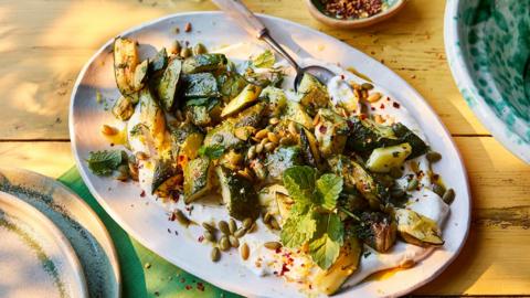 Roasted courgettes with garlic yoghurt.