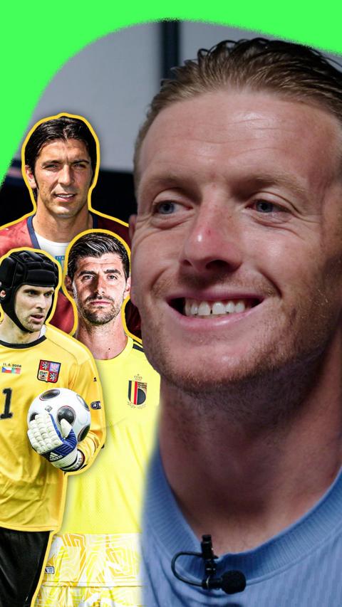 Jordan Pickford with player cutouts of Gianluigi Buffon, Petr Cech and Thibaut Courtois.