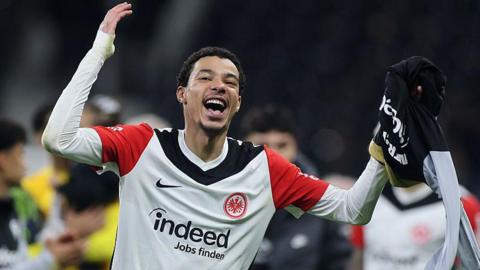 Hugo Ekitike celebrating a goal for  Eintracht Frankfurt.