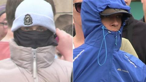 CCTV images of a man wearing a white woolly hat with a black mask and a man in a blue rain jacket with the hood pulled up and the peak of a black cap sticking out