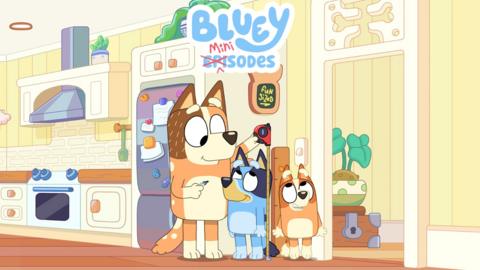 Characters from the animated children's series Bluey stood under a sign reading 'Bluey minisodes'