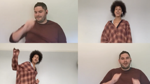 Four different images of people recording video of themselves singing