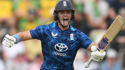 Jacob Bethell celebrates his century