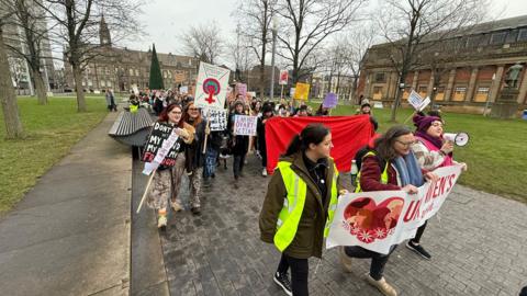 A crowd of people marching along a tree lined street carrying various banners and placards.