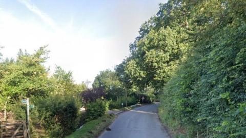 A Google view of part of Elm Lane in Copdock. It shows a narrow road with a footpath sign to one side, driveways to houses and trees and bushes at the sides of the road