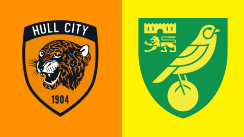 The club badges of Hull City and Norwich City side by side. The Hull one is on an orange background and Norwich's on a yellow background
