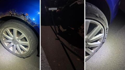 Three images show bulging tyres on a car as well as a dark image of seatbelts tied together.