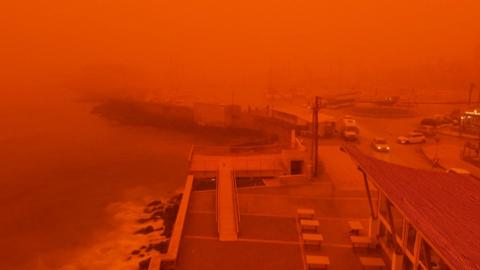Red sky over a beach