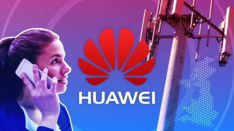 A woman holding a mobile phone and looking at a mast. There is a blue background with a digital map of the UK. There is a large red and white Huawei logo in the centre of the photo.