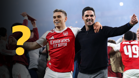 A picture of Mikel Arteta and Leandro Trossard celebrating, with a yellow question mark overlayed
