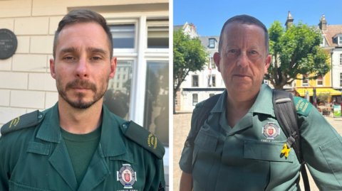 Two men - Tom Le Sauteur and John Sutherland - in green Jersey paramedic uniforms.