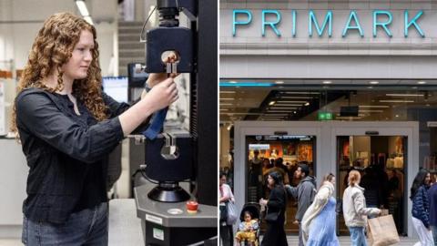 A split image of a woman testing the durability of a pair of jeans and a Primark store