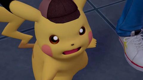 Pikachu - the iconic yellow mascot of the Pokémon series - is seen in a screenshot wearing a deerstalker hat like the type worn by Sherlock Holmes. He has a shocked expression on his face, as if he has just learned some important information.