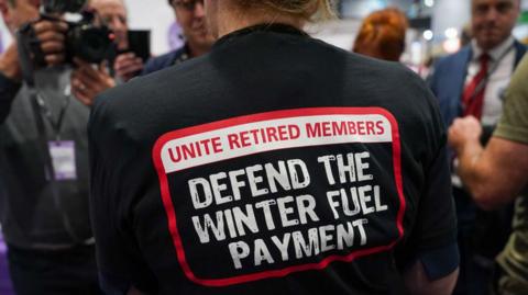 Sharon Graham, General Secretary of Unite the Union leads a small protest in the exhibition hall against the cuts to winter fuel payments during the Labour Party Conference 2024.