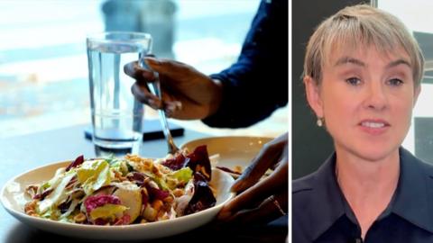 Left: A woman eats salad in restaurant. Right: Emma Simpson in studio