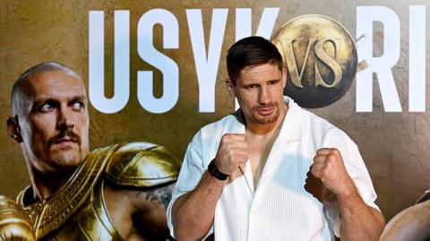 Rico Verhoeven in a boxing stance during a media event before his fight with Oleksandr Usyk in Egypt
