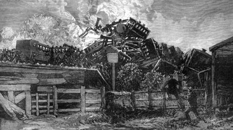 An etching of the crash scene shows the trains almost joined together, with smoke or fire surrounding them. A group of people look to be helping while others rush to the scene