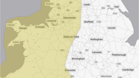 A screen grab of a map showing a yellow highlighted area, which indicates that west of Birmingham and across Wales will be hit by strong winds