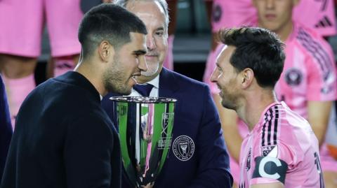 World men's tennis number one Carlos Alcaraz was in Florida as Lionel Messi was presented with the Eastern Conference title trophy