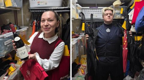 Two people hold up items of lost property found on Oxford Bus Company. 