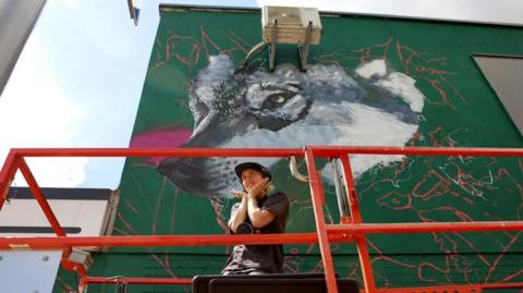 An artist is standing on red scaffolding with a large mural behind them